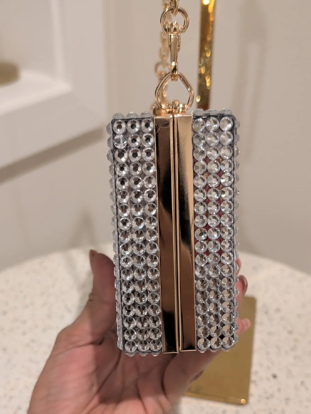 Upcycled Monogram Crystal-Trim Box Clutch with Clear Chain